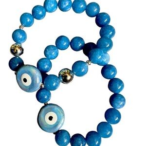 Blue Agate beaded stretch bracelet with enamel evil eye